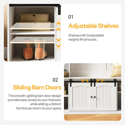 HOOBRO White 59-inch Wooden LED Farmhouse Style Hallway Coat Rack with Bench & Coat Rack & Shoe Cabinet