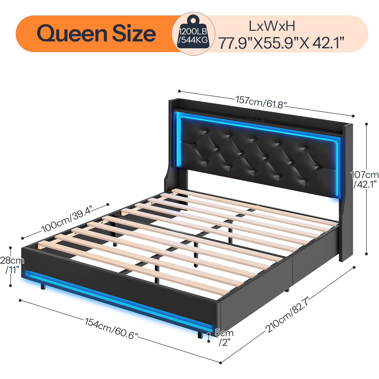 Queen size bed frame with dimensions on a white background
