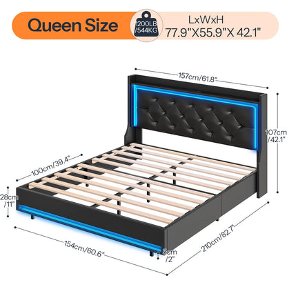 Queen size bed frame with dimensions on a white background