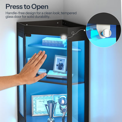 Glass display cabinet with handle-free design and hand pressing a button to open the door.