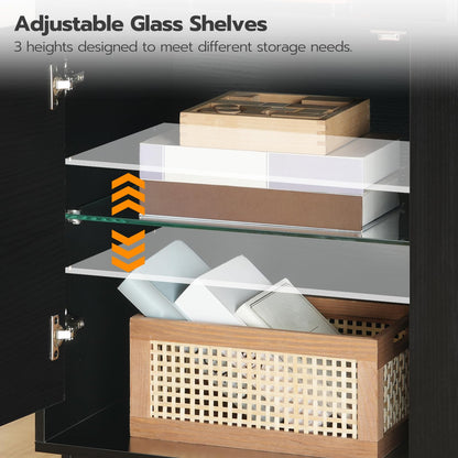 HOOBRO Black Electric Fireplace TV Stand with Charging Station & LED Light Strip & Adjustable Glass Shelf