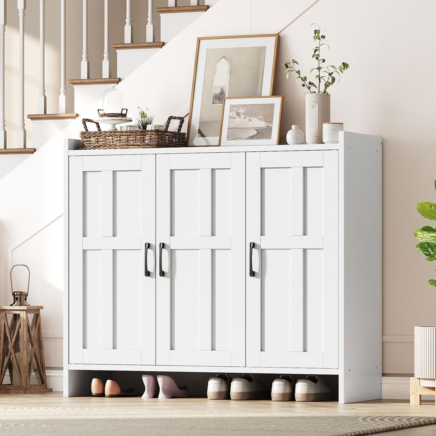 HOOBRO 42.1 inch Large Wooden Shoe Storage Cabinet with 3 Doors