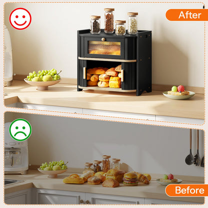 HOOBRO 2-Tier Roll-Top Kitchen Storage Bamboo Bread Box