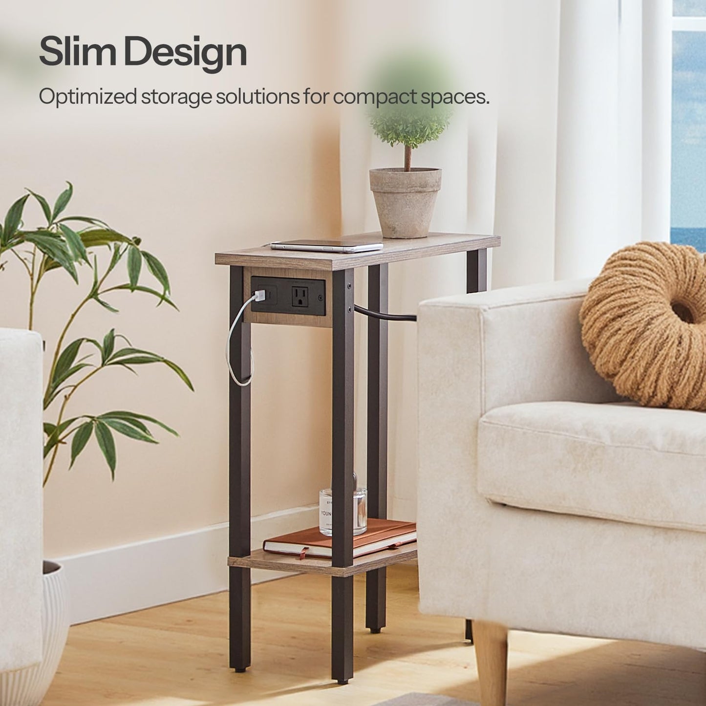 HOOBRO Narrow Side Table, 2-Tier Slim End Table with Charging Station, Skinny Nightstand with Open Storage, for Small Spaces, Living Room, Bedroom, Study, Greige and Black BG240UBZ01