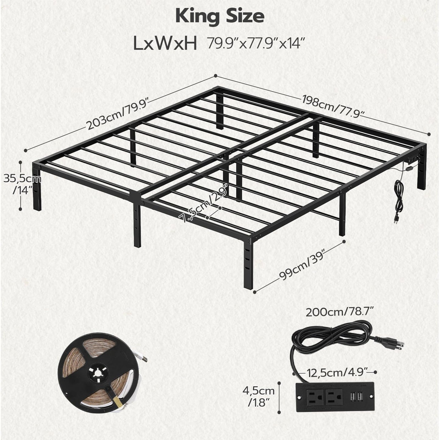 King size metal bed frame with dimensions and electrical components on a white background