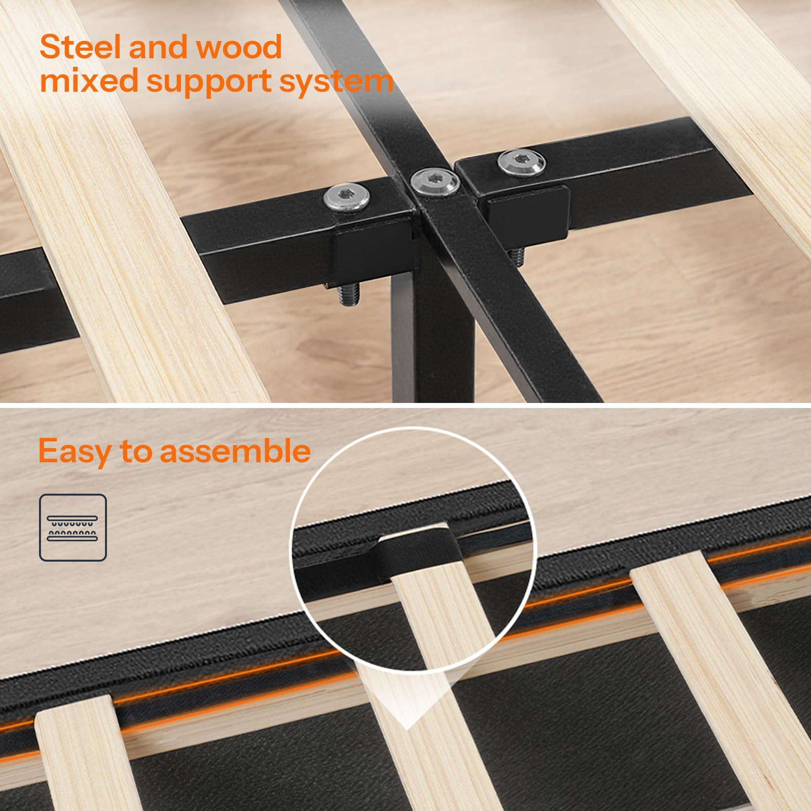 Wooden table with metal support system, highlighting assembly ease.