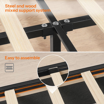 Wooden table with metal support system, highlighting assembly ease.