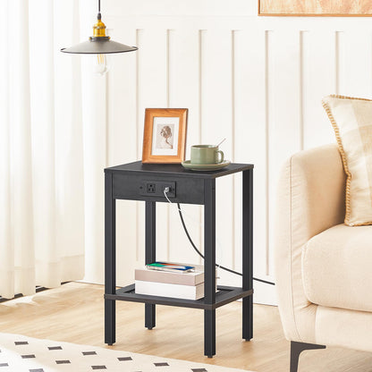 HOOBRO Black Side Table with Double Storage Shelf & USB Power Outlet /2PICS