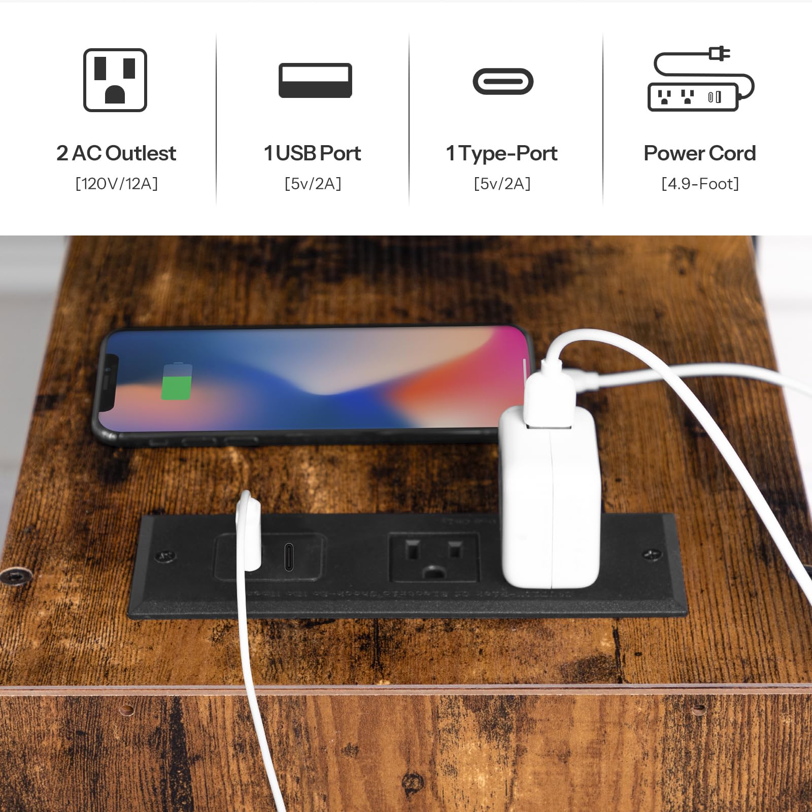 Phone charging on a power strip with outlets and ports displayed above.