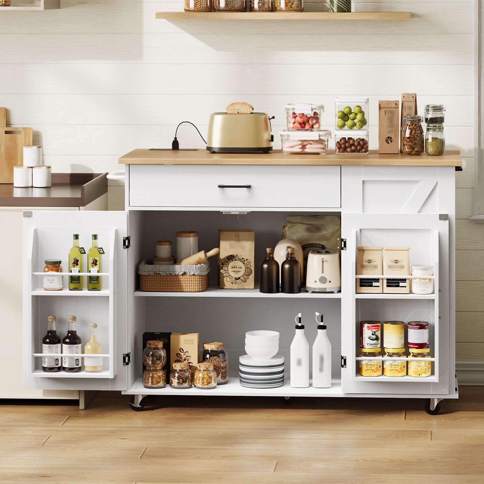 Kitchen island with storage shelves and various kitchen items in a modern kitchen setting.