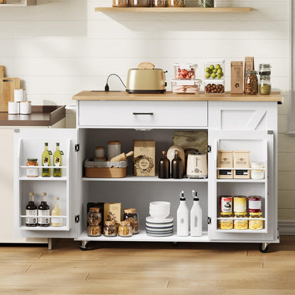 Kitchen island with storage shelves and various kitchen items in a modern kitchen setting.