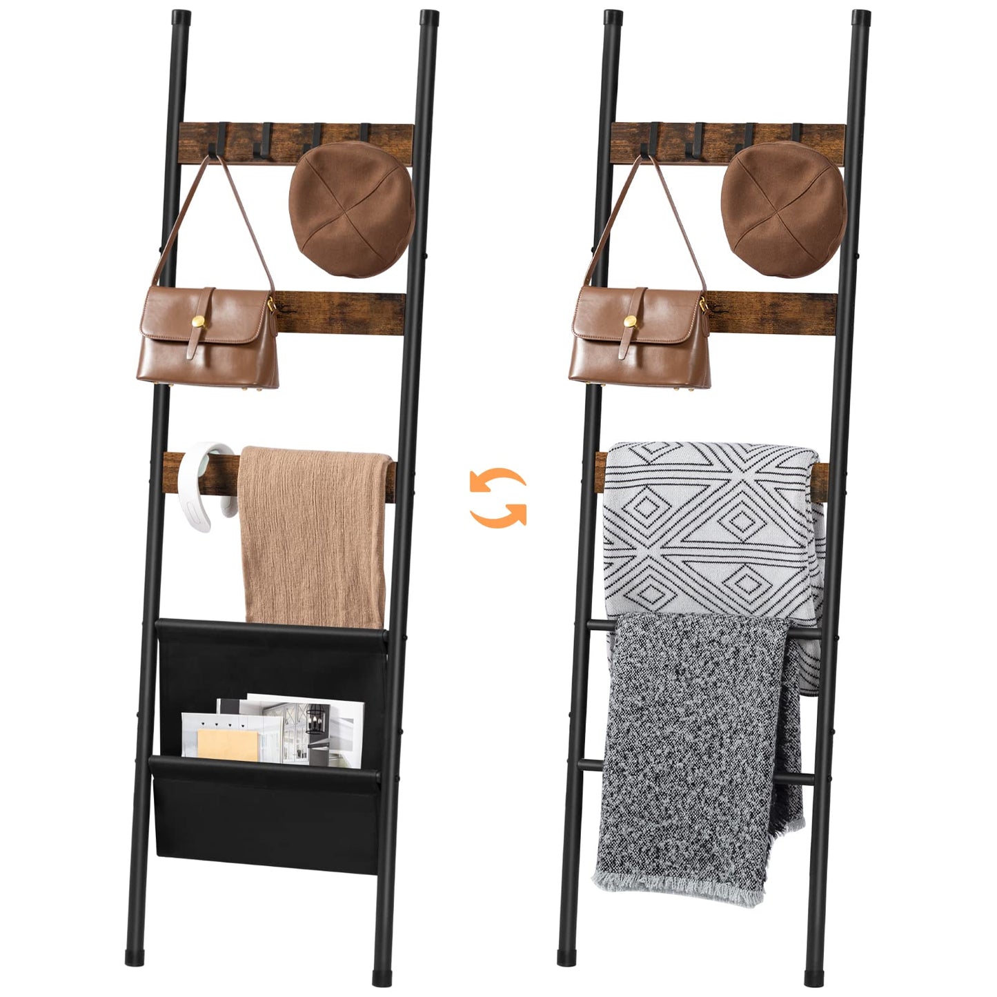 HOOBRO Vintage Brown 5-Tier Wall-Mounted Towel Rack with 4 Hooks & Magazine Bag