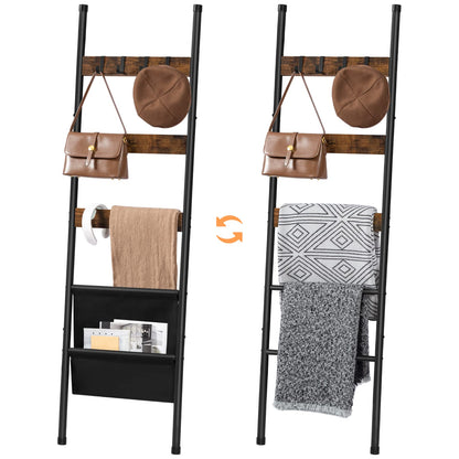 HOOBRO Vintage Brown 5-Tier Wall-Mounted Towel Rack with 4 Hooks & Magazine Bag