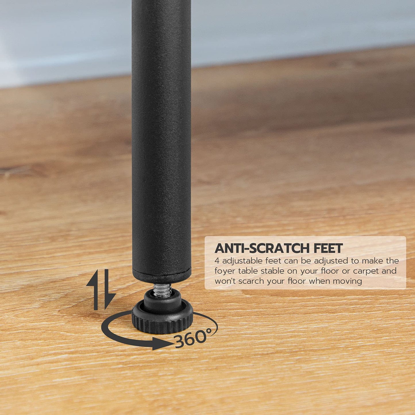 Anti-Scratch Feet on a table leg with text explaining their function.