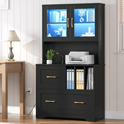 HOOBRO 2 Drawer File Cabinet with Charging Station & LED Lights