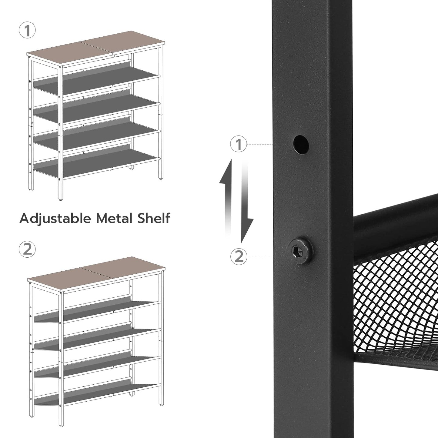 Assembly diagram of a metal shelving unit with shelves and a vertical support structure.