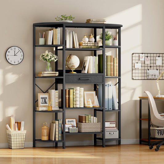HOOBRO Industrial 5-Tier Bookshelf with 12 Open Shelves & Fabric Drawer