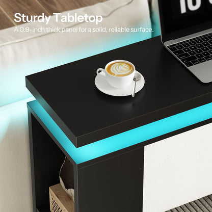 Black desk with a cup of coffee and laptop, featuring text about a sturdy tabletop.