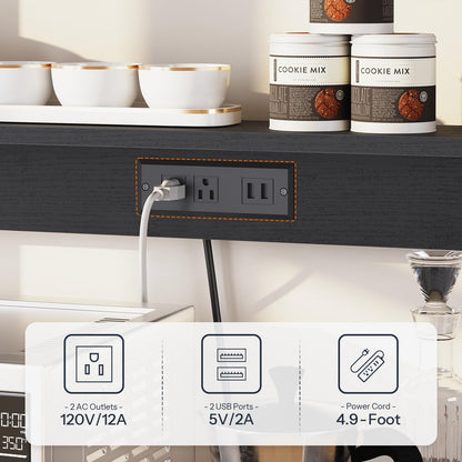 Power strip with multiple outlets and USB ports on a kitchen counter with cookie mix containers in the background.