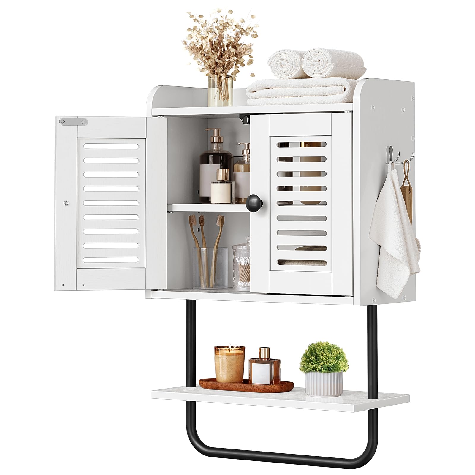 White cabinet with black legs and shelves, containing various items on a white background