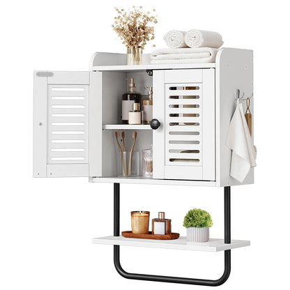 White cabinet with black legs and shelves, containing various items on a white background