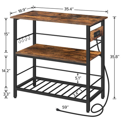 HOOBRO Retro Brown 35.4-inch Long Three-Tier Kitchen Island with Power Outlet