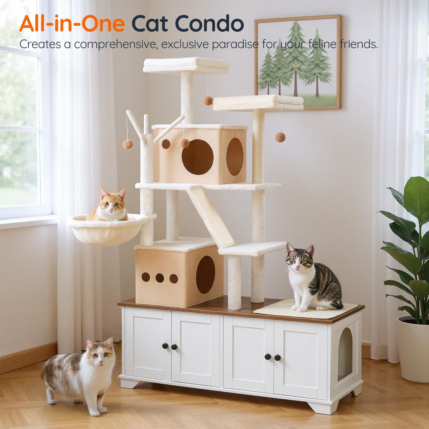 HOOBRO Double Litter Box Enclosure with Cat Tree & Bed & Hammock