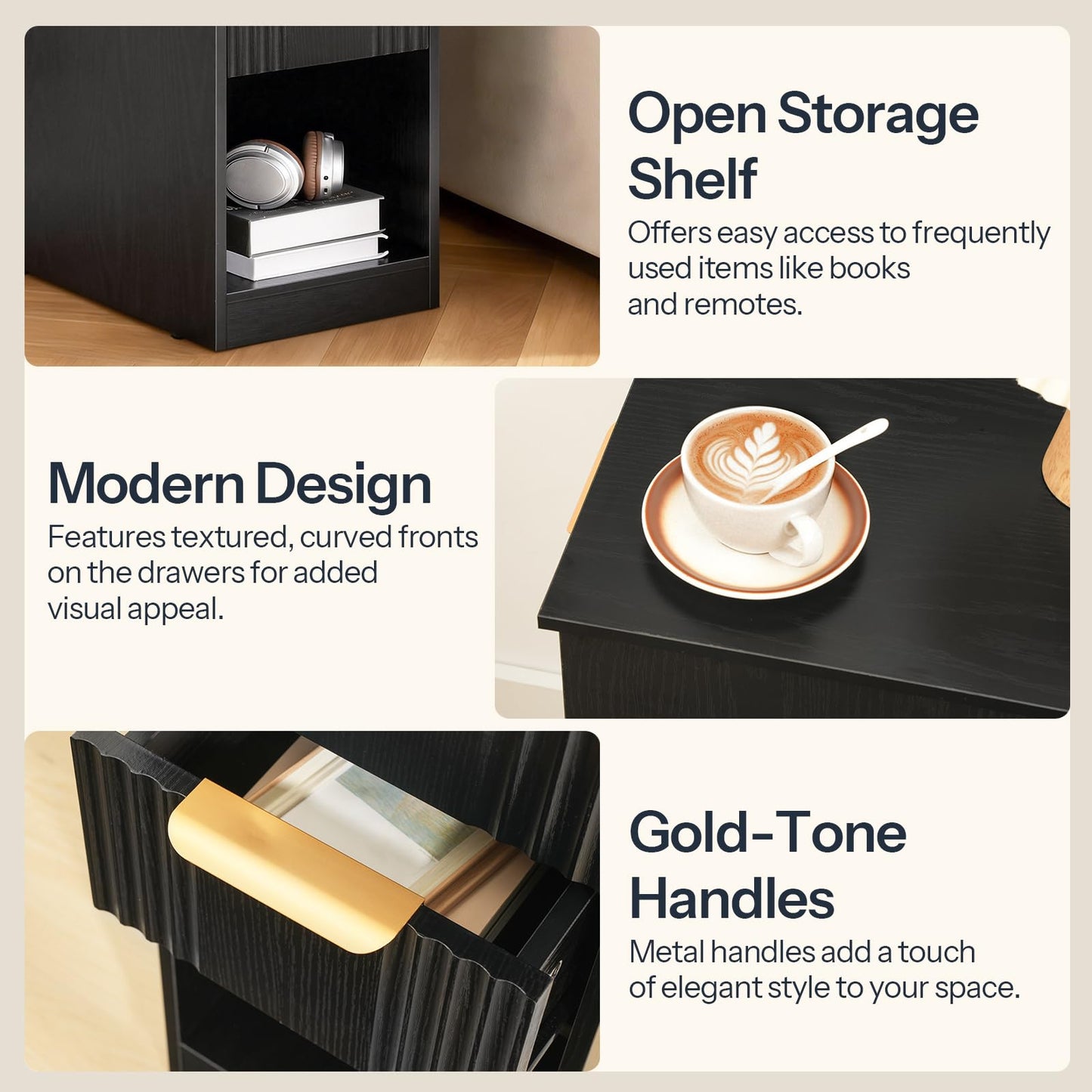 Black storage shelf with open design, textured drawers, gold-tone handles, and a cup of coffee on a table.