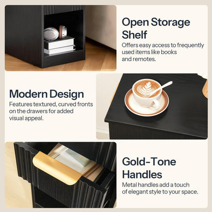 Black storage shelf with open design, textured drawers, gold-tone handles, and a cup of coffee on a table.