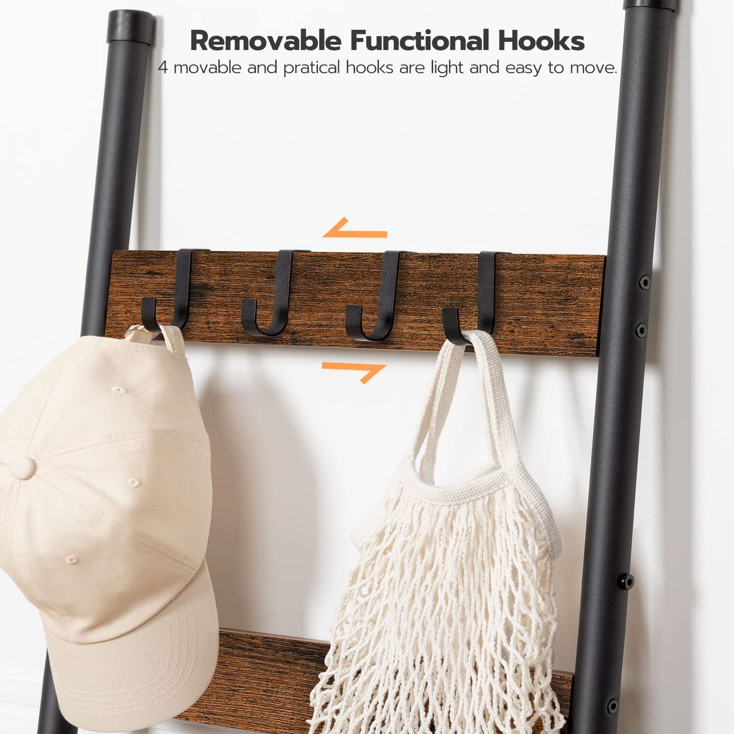 HOOBRO Vintage Brown 5-Tier Wall-Mounted Towel Rack with 4 Hooks & Magazine Bag