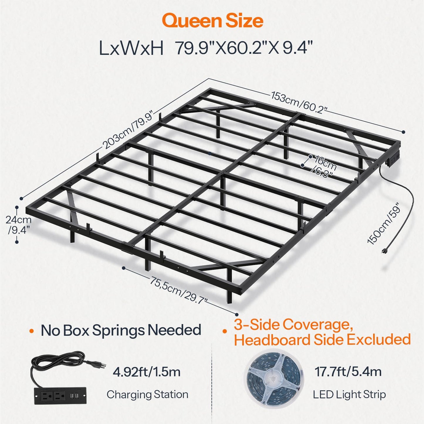 HOOBRO Floating Queen Size Bed Frame with Charging Station & LED Lights