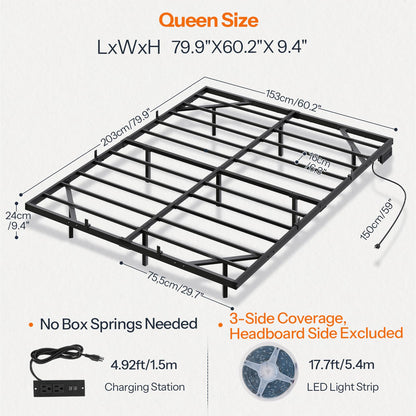 HOOBRO Floating Queen Size Bed Frame with Charging Station & LED Lights