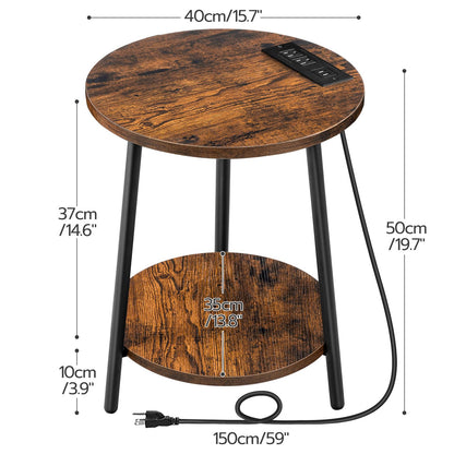 HOOBRO Retro Brown Double-Layer Round Side Table with Charging Station
