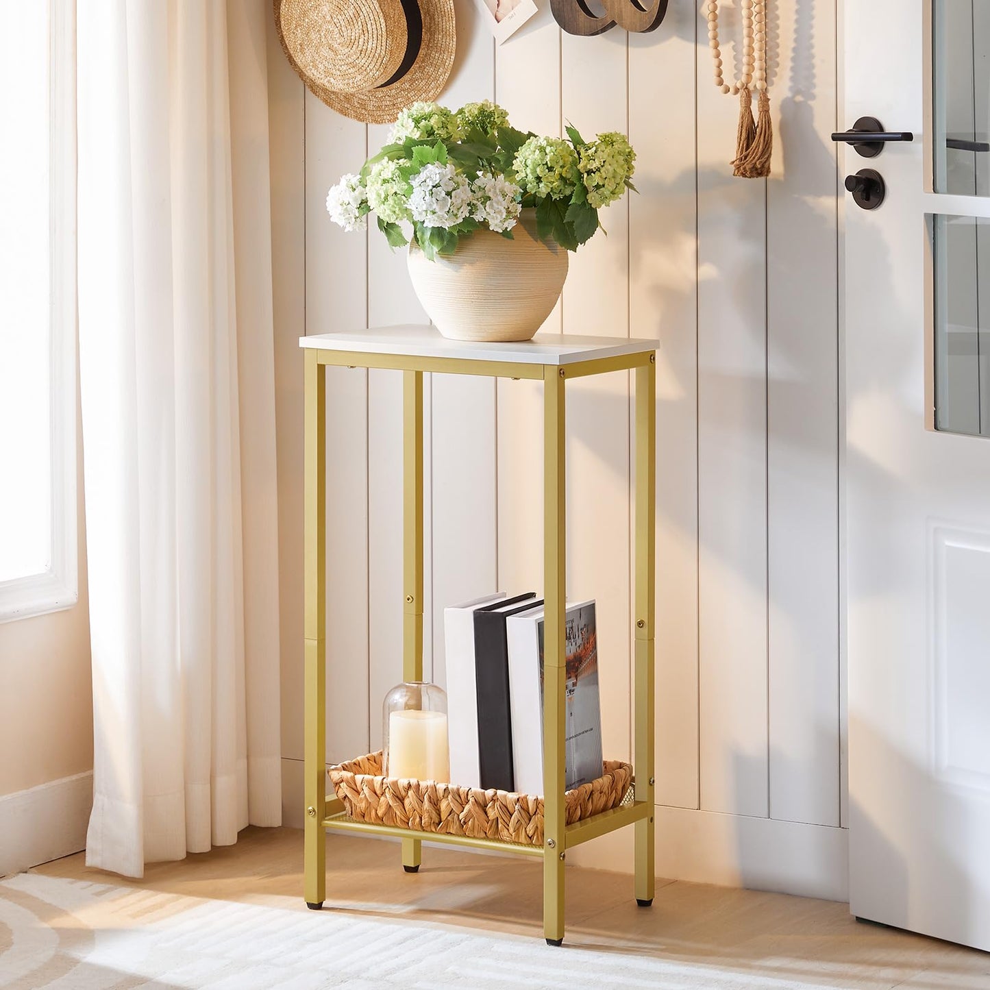 HOOBRO Industrial Tall Side Table with Adjustable Mesh Shelves