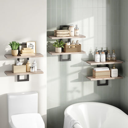 HOOBRO Floating Shelves, 15 Inch Wall Shelf Set of 3, Wall Mounted Storage Shelves 2-Tier, Hanging Bathroom Shelves, for Living Room, Bedroom, Bathroom, Kitchen, Greige and Black BG32BJP301