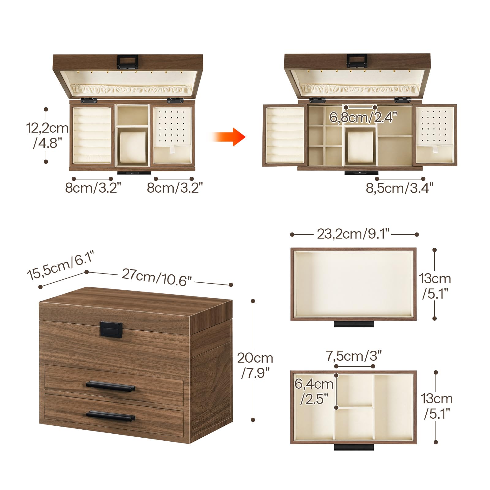 Wooden storage cabinet with open compartments and dimensions labeled on a white background