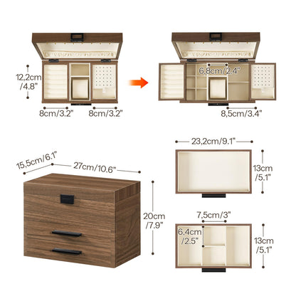 Wooden storage cabinet with open compartments and dimensions labeled on a white background