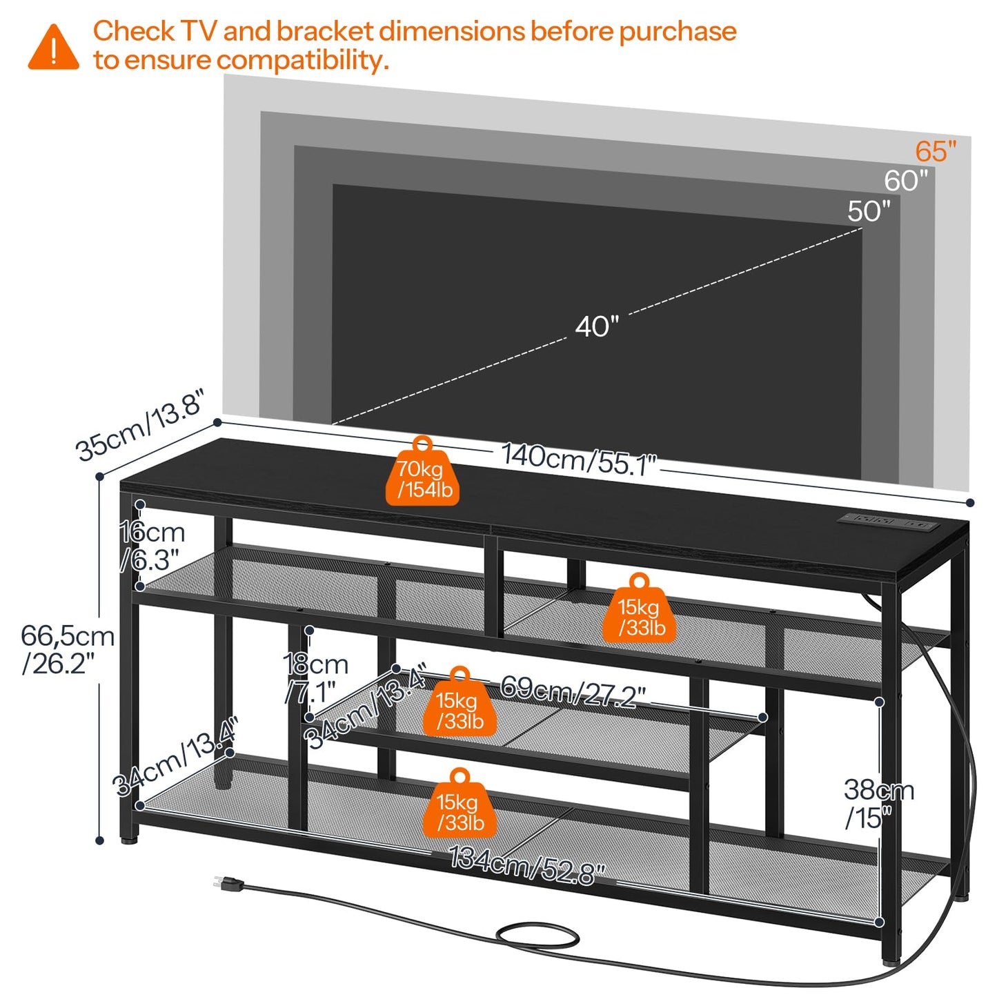 TV stand with dimensions labeled for compatibility with TVs between 40" and 65".