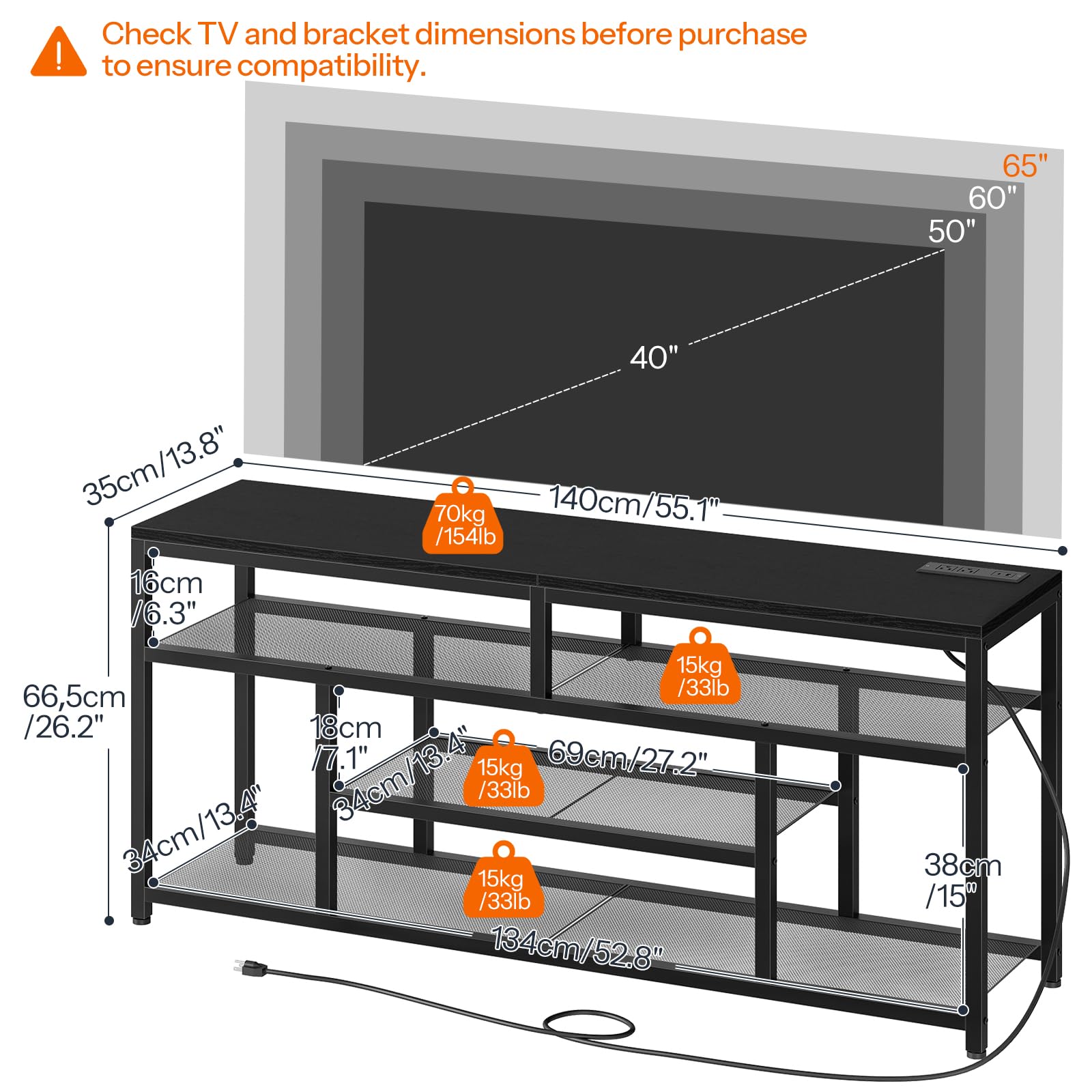 TV stand with dimensions labeled for compatibility with TVs between 40" and 65".