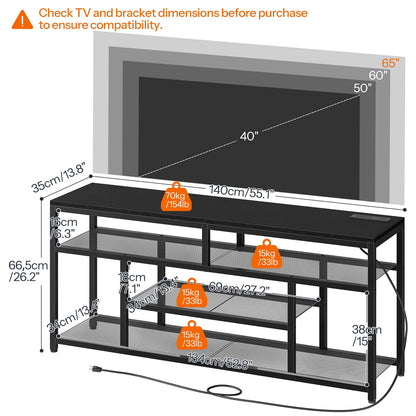 TV stand with dimensions labeled for compatibility with TVs between 40" and 65".