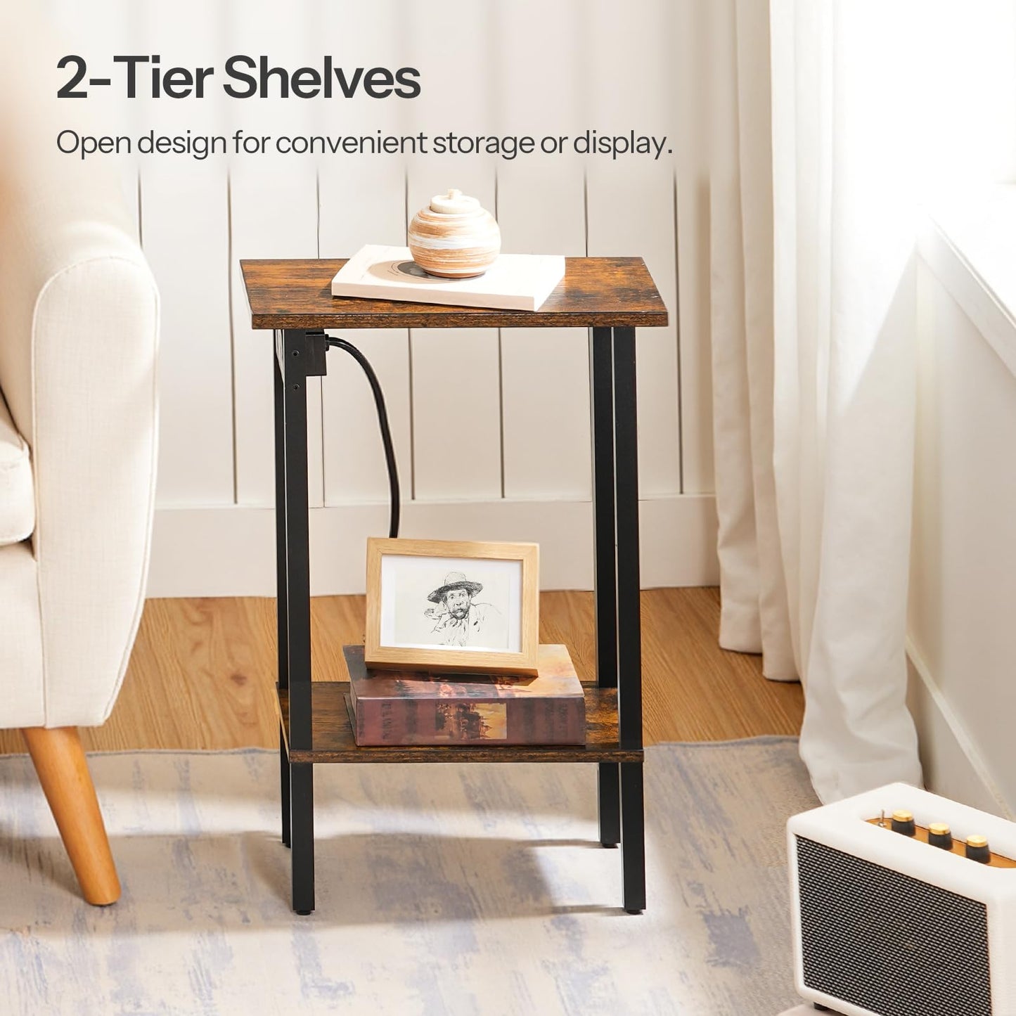 HOOBRO Narrow Side Table, 2-Tier Slim End Table with Charging Station, Skinny Nightstand with Open Storage, for Small Spaces, Living Room, Bedroom, Study, Rustic Brown and Black BF240UBZ01