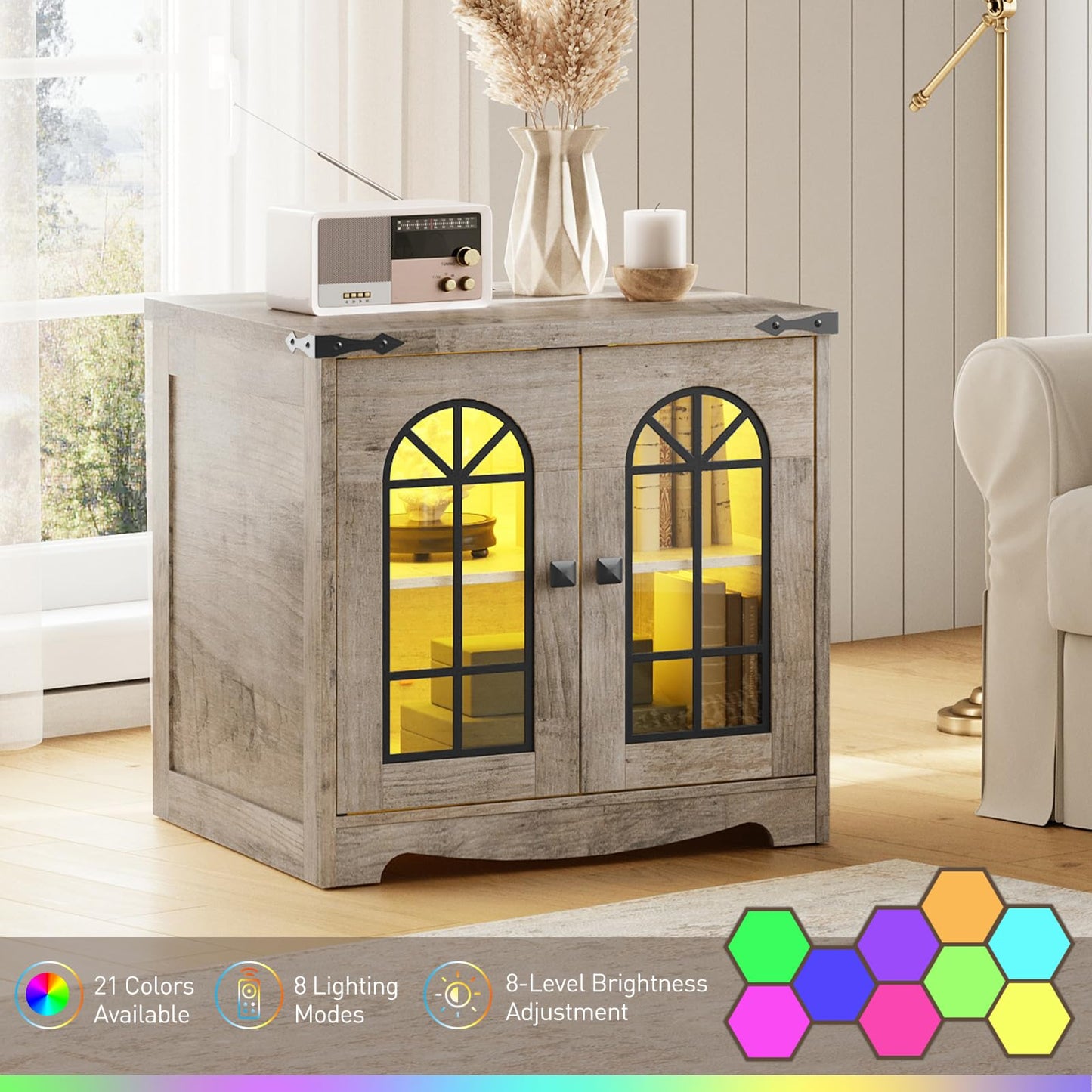 HOOBRO 23.6" Wooden Side Tables & Nightstand with Charging Station & LED Lights