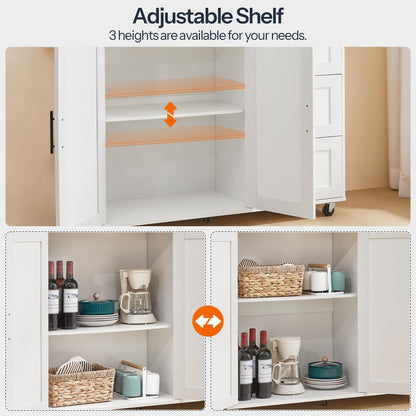 HOOBRO White Portable Kitchen Island with Power Outlet & Adjustable Shelves