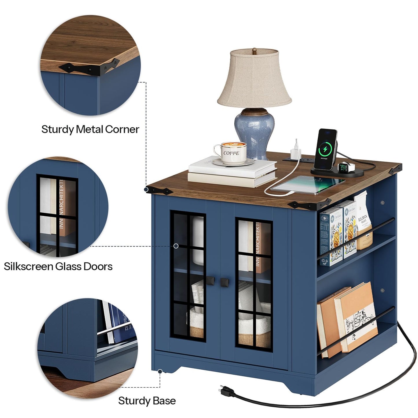 HOOBRO Blue Farmhouse Style 23.6-inch Large Side Table with Charging Station & Side Shelf