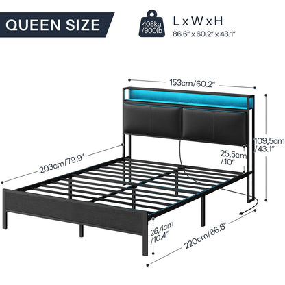 HOOBRO Queen Metal Bed Frame with LED Lights & Headboard Shelves