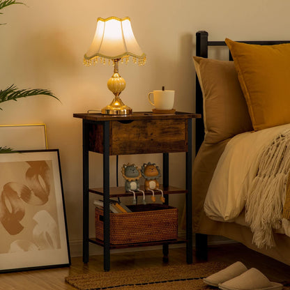 HOOBRO Retro Brown Flip-Top Narrow Side Table with USB Port/Socket/Shelf