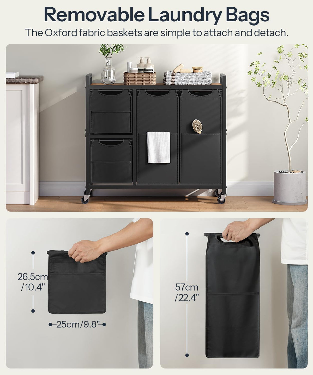 HOOBRO Laundry Sorter with 4 Section, 34 Gal. (127 L) Laundry Hamper with Wheels, Rolling Laundry Basket with Shelf, Pull-Out Detachable Bags, Side Pockets, Rustic Brown and Black BF14XY01N1