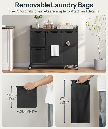 HOOBRO Laundry Sorter with 4 Section, 34 Gal. (127 L) Laundry Hamper with Wheels, Rolling Laundry Basket with Shelf, Pull-Out Detachable Bags, Side Pockets, Rustic Brown and Black BF14XY01N1