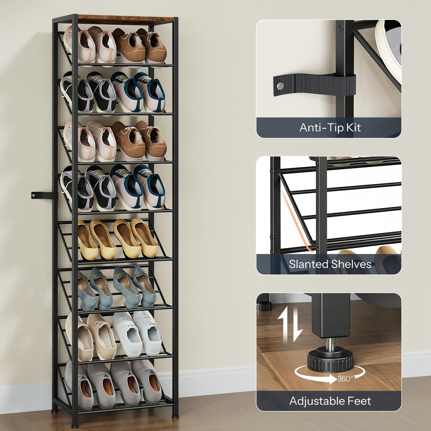 Shoe rack with various shoes on shelves, featuring anti-tip kit, slanted shelves, and adjustable feet on a beige wall background.