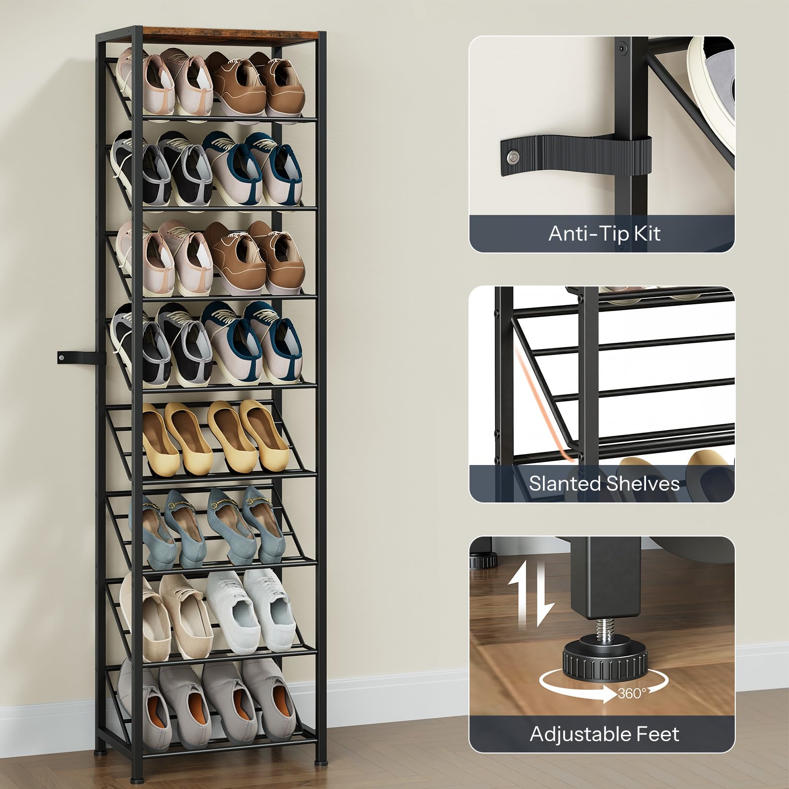 Shoe rack with various shoes on shelves, featuring anti-tip kit, slanted shelves, and adjustable feet on a beige wall background.
